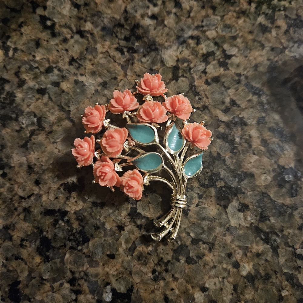 Vintage JJ Gold Floral Brooch with Coral and Green Accents
